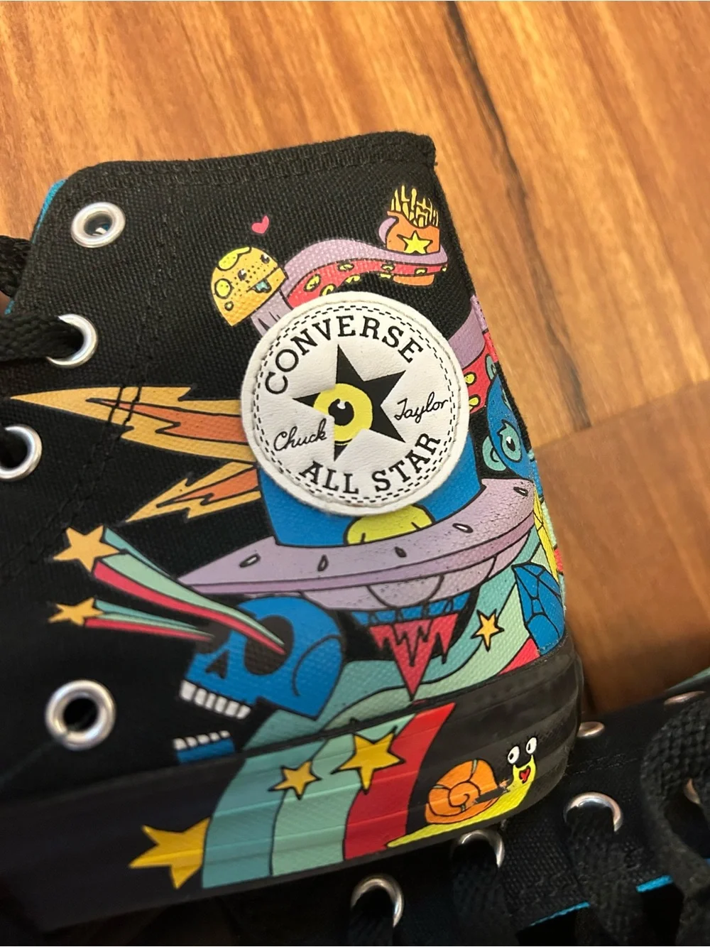 Converse Kids Black & Teal High-Top Sneakers with Colorful Cartoon Graphic